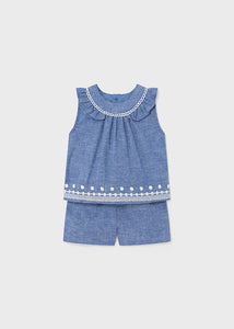 Conjunto short lino bordado blue