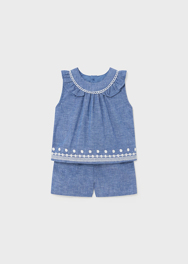 Conjunto short lino bordado blue