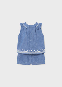 Conjunto short lino bordado blue