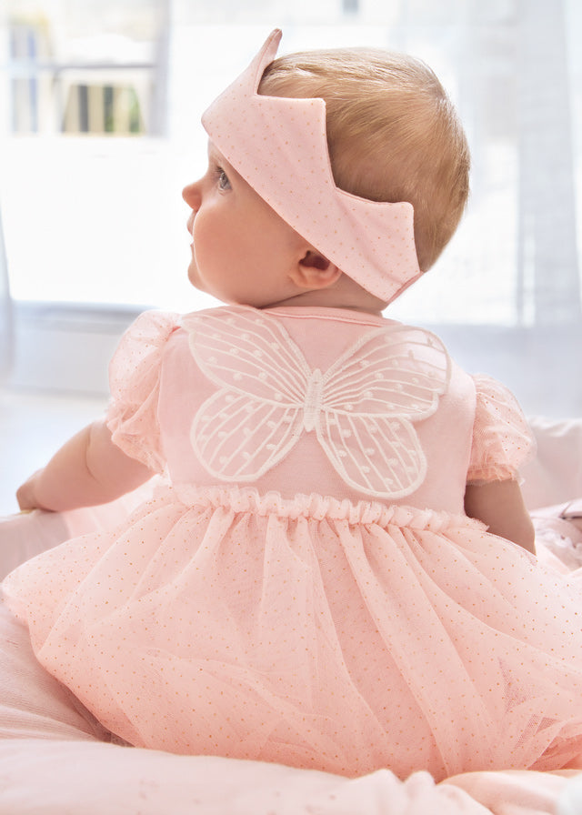 Body vestido + vincha alitas nude 6/9 meses