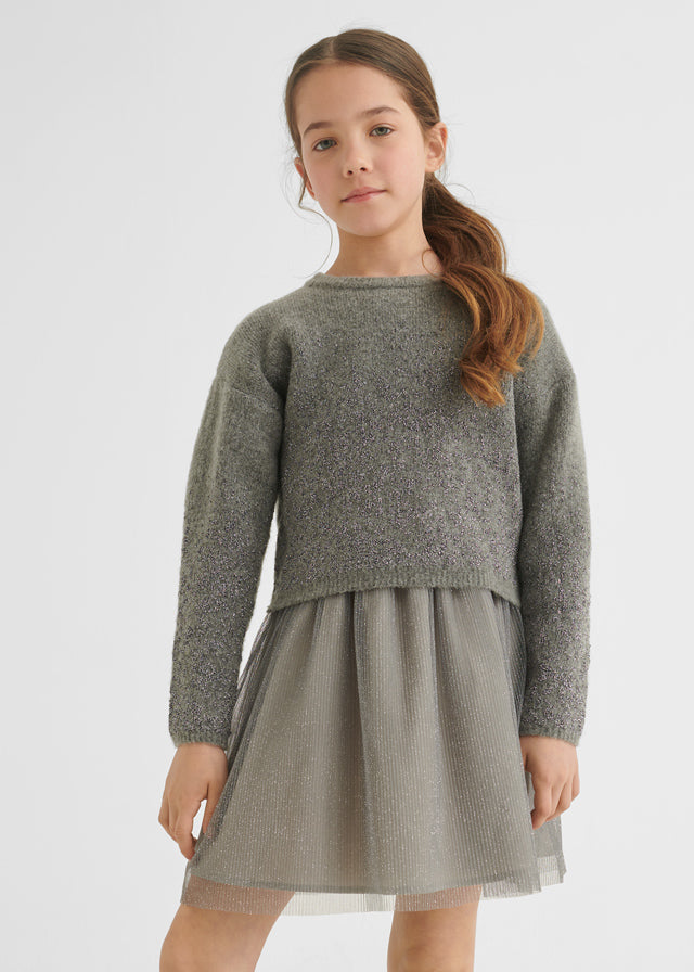 Vestido combinado tricot y tul gris titanio