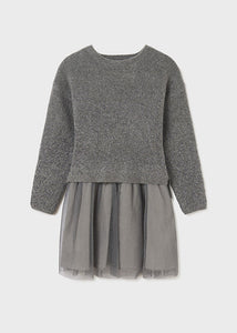 Vestido combinado tricot y tul gris titanio
