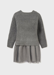 Vestido combinado tricot y tul gris titanio